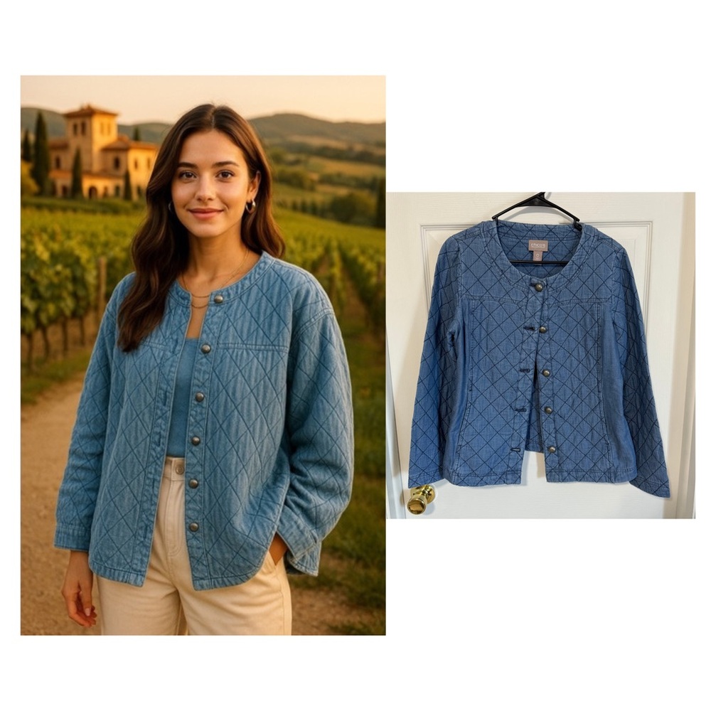 Chico’s Quilted Denim Jacket Collarless Chore Coat | Cottage Core | Size S